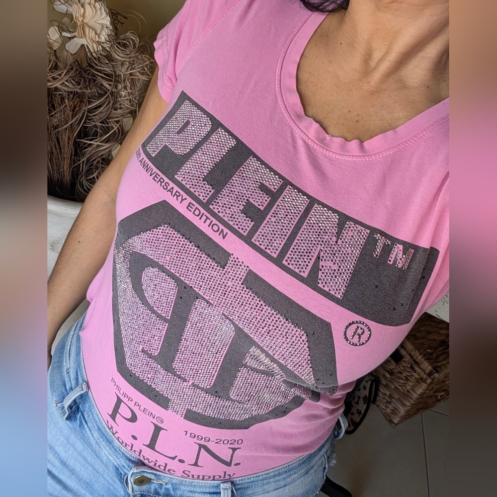 Rare Philipp Plein Pink Rhinestone Logo Tee (Anniversary Edition) Medium